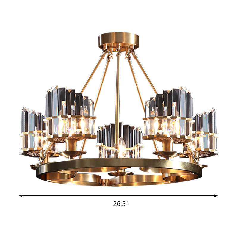 5 Heads Circular Hanging Ceiling Light Modern Gold Tri-Sided Crystal Rod Pendant Chandelier