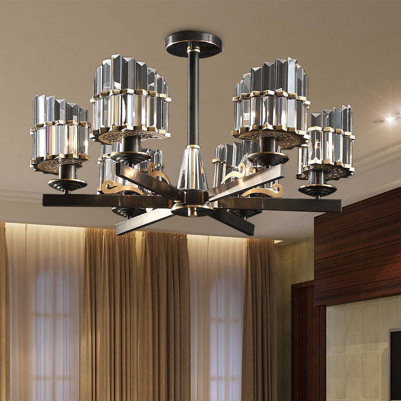 Modernismo Sputnik Luz colgante 3/6/8 Cabezas de la barra de cristal de tres lados Candelier en negro/latón