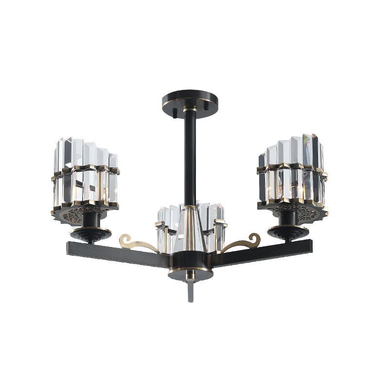 Modernism Sputnik Hanging Light 3/6/8 Heads Three Sided Crystal Rod Ceiling Chandelier in Black/Brass