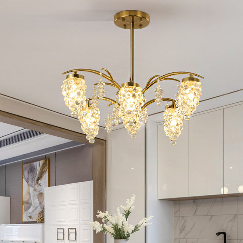 Crystal Beaded Gold Hanging Light Kit Grape Shape 6/8 Heads Bedroom Chandelier Light Fixture