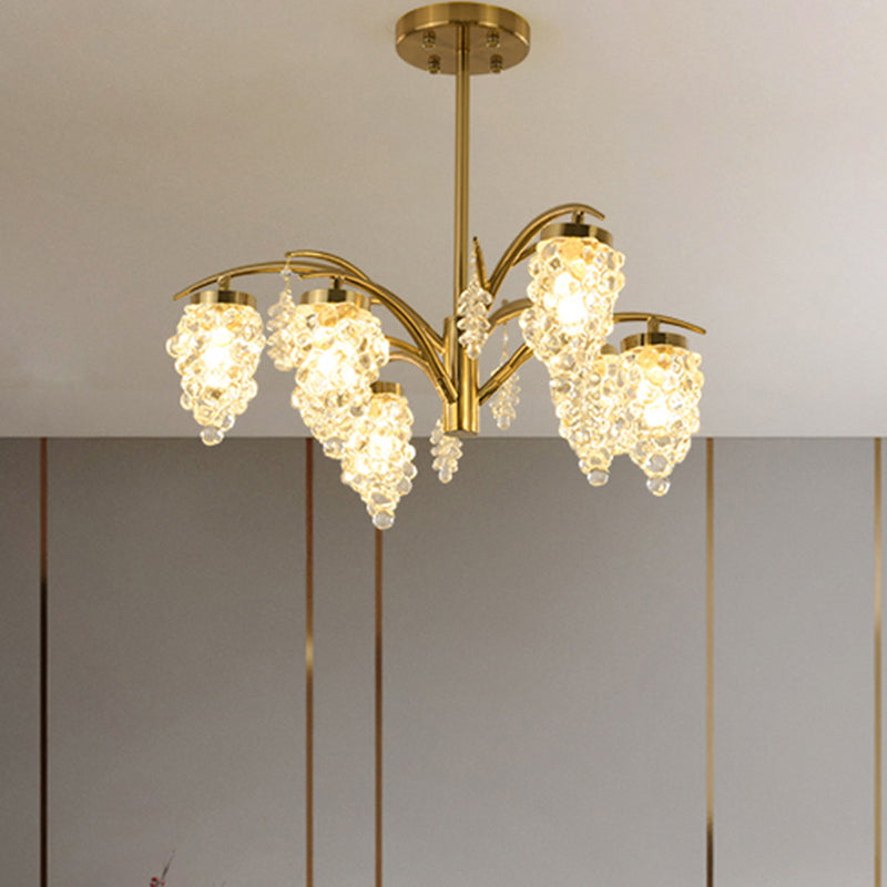 Crystal Beaded Gold Hanging Light Kit Grape Shape 6/8 Heads Bedroom Chandelier Light Fixture