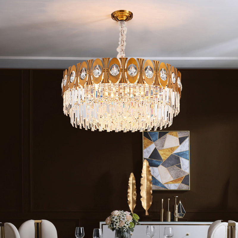 Gold 12 Heads Hanging Lamp Kit Postmodern Tri-Sided Crystal Rod Drum Chandelier Light