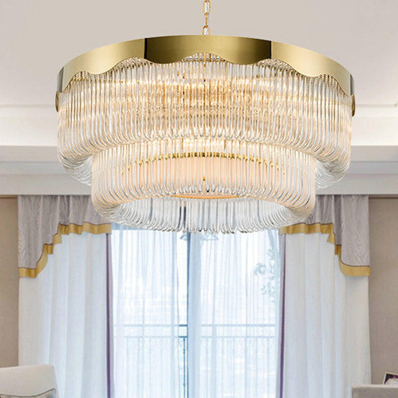 Geriffelte Kristall 2 Schichten hängende hängende leichte postmoderne 8 köpfe Wohnzimmer Kronleuchter Beleuchtung in Gold