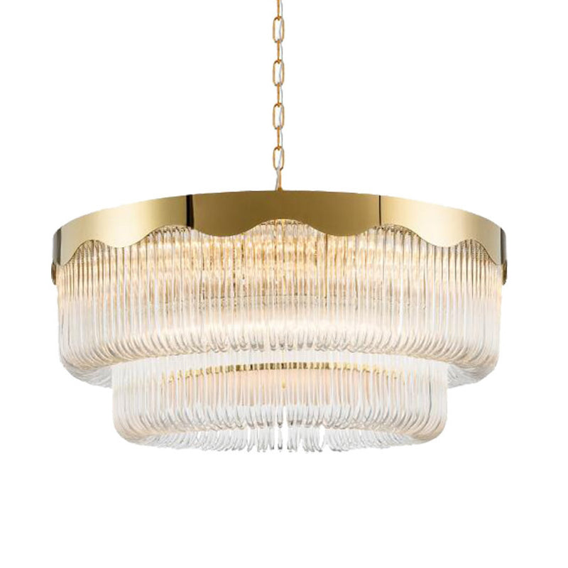 Geriffelte Kristall 2 Schichten hängende hängende leichte postmoderne 8 köpfe Wohnzimmer Kronleuchter Beleuchtung in Gold
