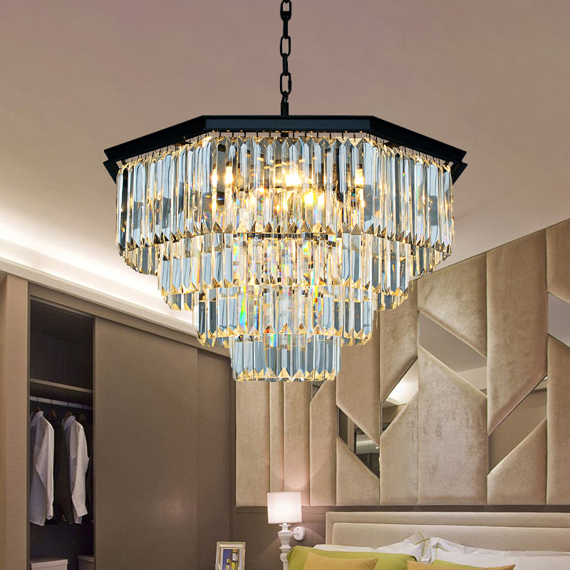 4 Tiers Living Room Suspension Pendant Traditional Clear/Amber Three Sided Crystal Rod 11 Heads Chandelier Light