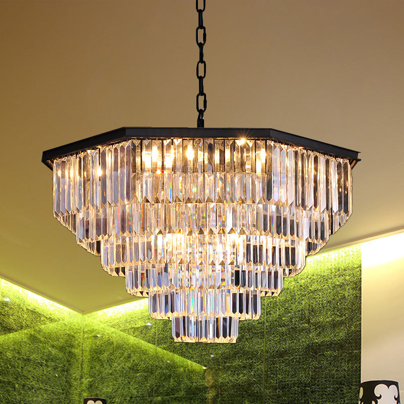 4 Tiers Living Room Suspension Pendant Traditional Clear/Amber Three Sided Crystal Rod 11 Heads Chandelier Light