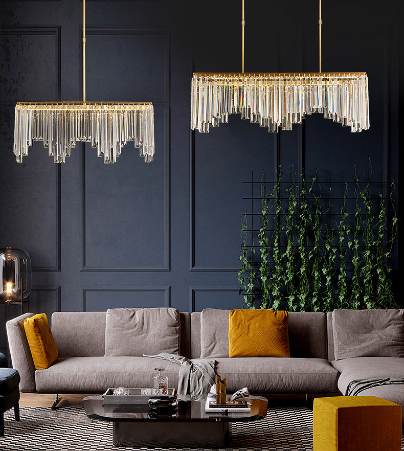 Rectangular Dining Room Hanging Lamp Crystal Minimalist LED Island Light in Gold