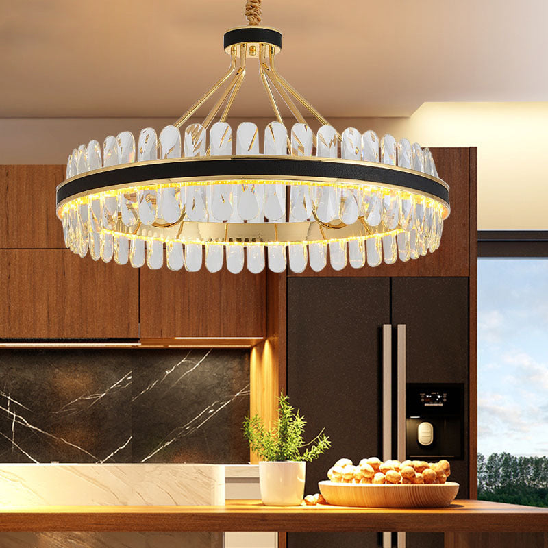 Lampada isola del cerchio nero e oro Modern Crystal LED CRIDULE Light con arredamento in pelle
