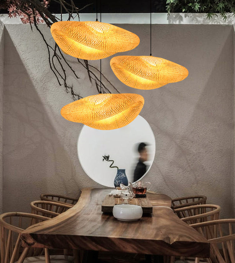 1-Light Pendant Lamp South-East Asia Style Hat Shape Bamboo Chandelier Kitchen Lamps