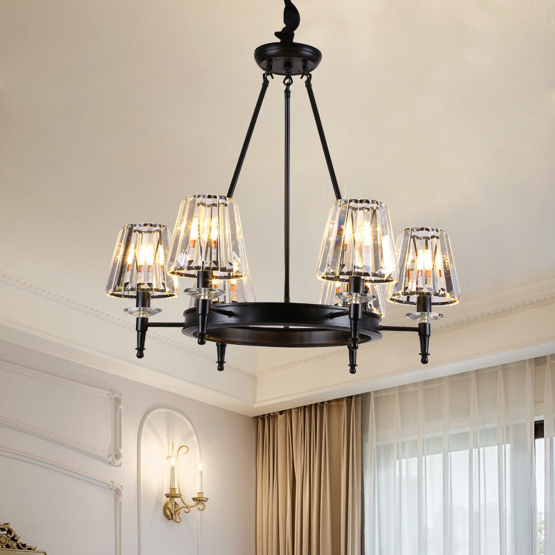 Traditional Style Crystal Chandelier Light Iron Vintage Suspension Lighting Fixture in Black for Living Room