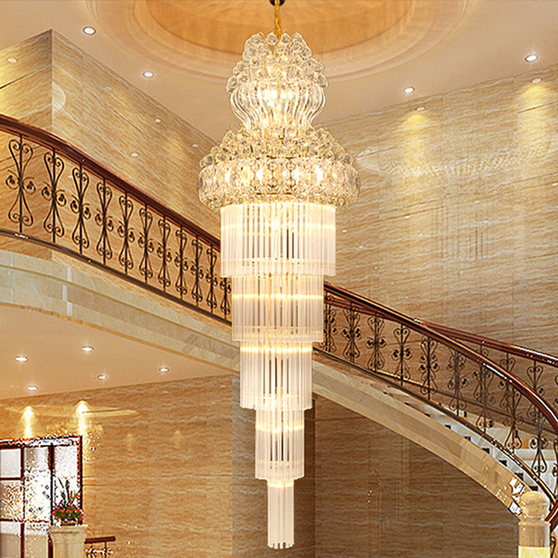Cone Stairway Chandelier Pendant Light Simple Clear Crystal Rod 12 Heads Gold Suspension Lamp