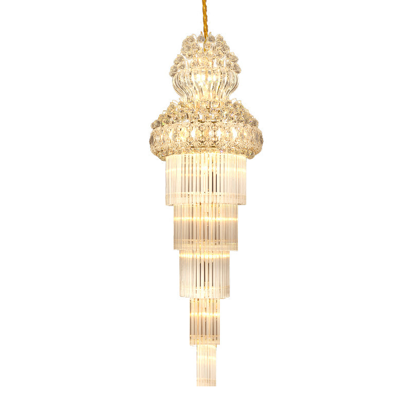 Cone Stairway Chandelier Pendant Light Simple Clear Crystal Rod 12 Heads Gold Suspension Lamp