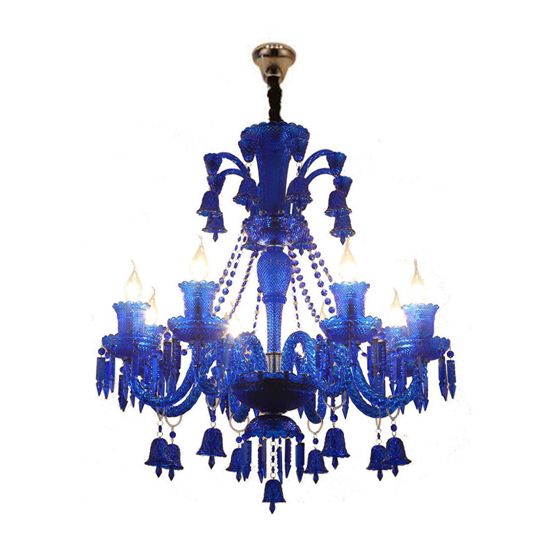 Luz de araña de candelabra azul modernismo 8 cabezas iluminación colgante de cristal para sala de estar