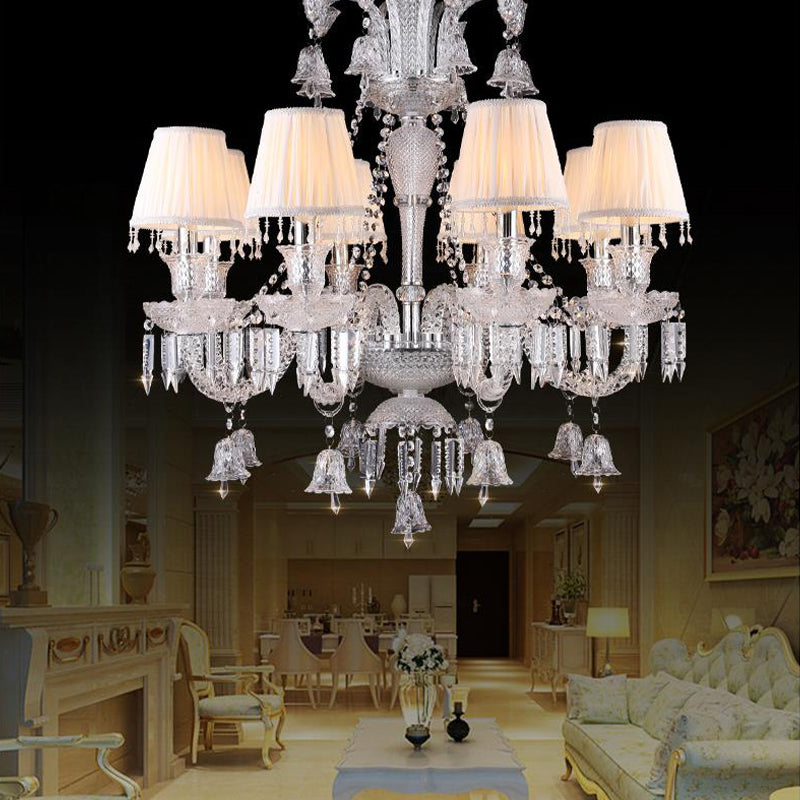 Beige Tapered Chandelier Pendant Light Modernism 8 Heads Crystal Hanging Lamp with Fabric Shade