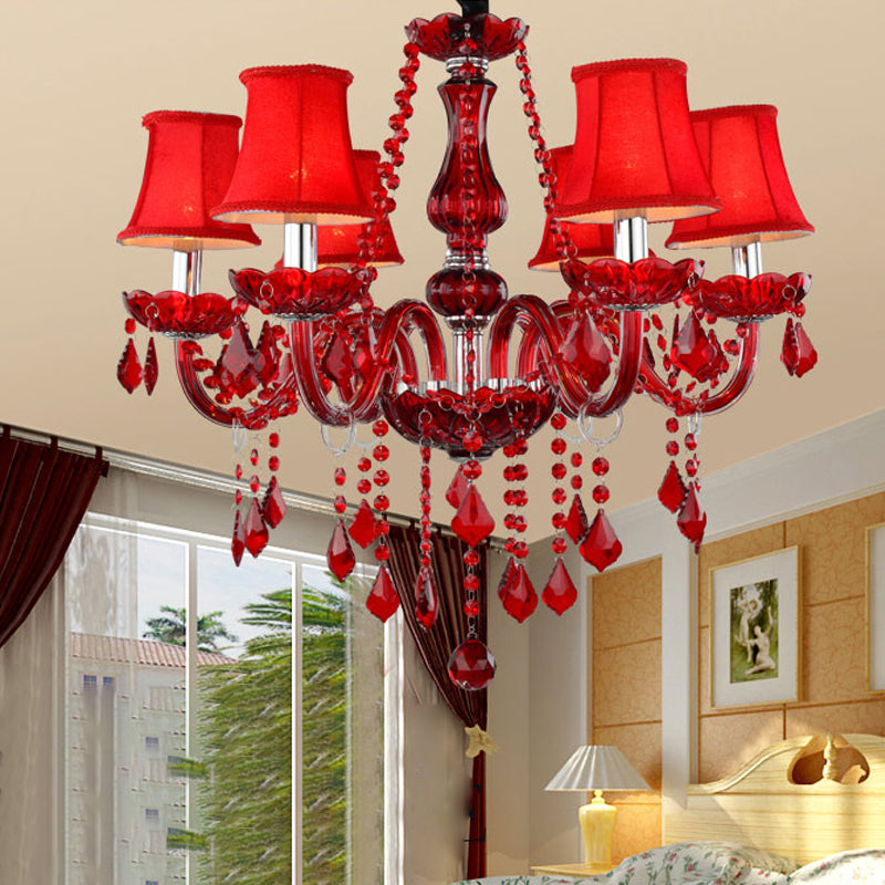 Modernist Flared Ceiling Chandelier K9 Crystal 6 Bulbs Living Room Pendant Lamp in Red