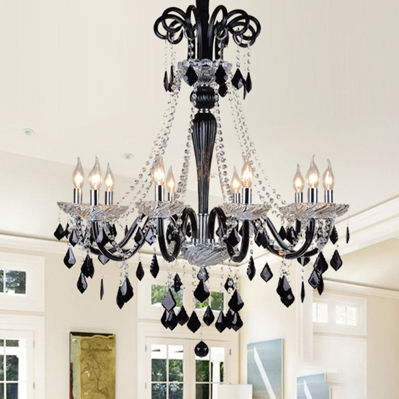 Candlestick Crystal Pendant Chandelier Modernism 10/12 Heads Black Hanging Ceiling Light for Living Room, 33"/40" Wide