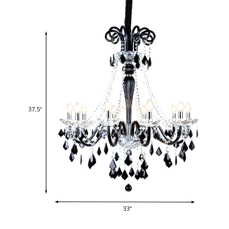 Candlestick Crystal Pendant Chandelier Modernism 10/12 Heads Black Hanging Ceiling Light for Living Room, 33"/40" Wide