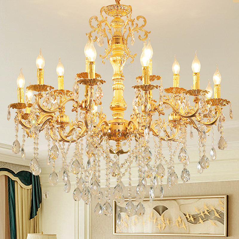Metal Candle Chandelier Lighting Modern 8/10/12 Lights Brass Hanging Pendant with Crystal Draping