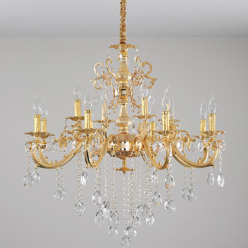 Metal Candle Chandelier Lighting Modern 8/10/12 Lights Brass Hanging Pendant with Crystal Draping