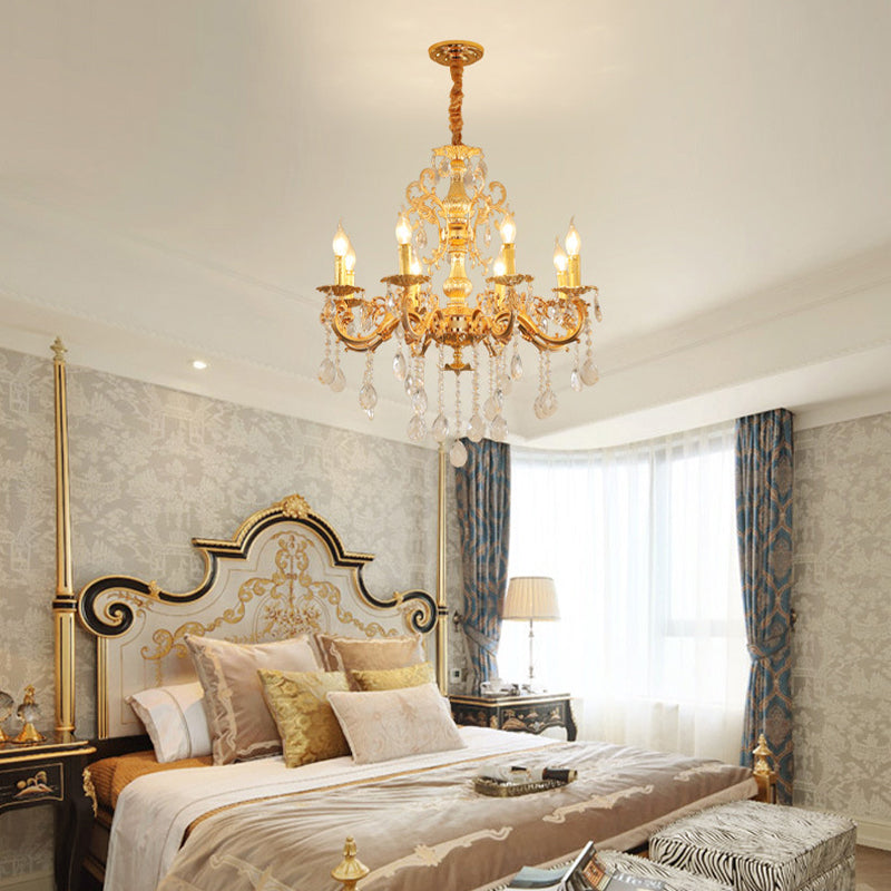 Metal Candle Chandelier Lighting Modern 8/10/12 Lights Brass Hanging Pendant with Crystal Draping