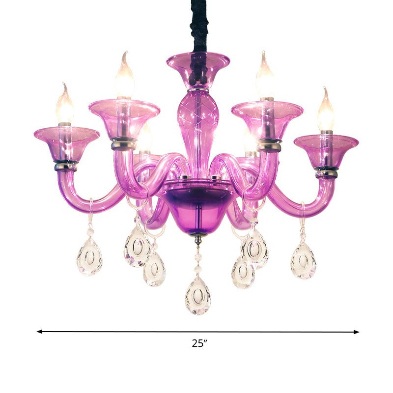 Modern Candlestick Hanging Chandelier Clear Crystal Glass 6 Bulbs Restaurant Pendant Ceiling Light in Purple
