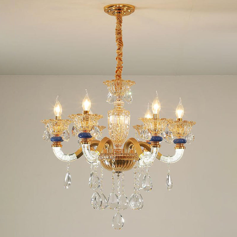 Candelabra Chandelier Light Fixture Traditional Metal 6 Heads Brass Suspension Pendant with Dangling Amber Crystal Accent