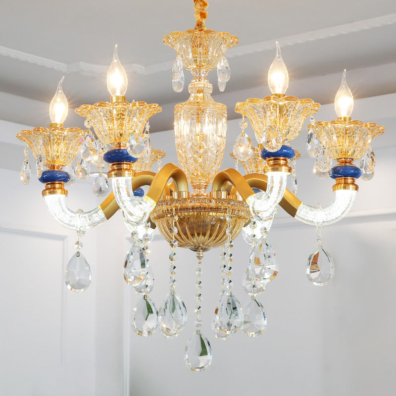 Candelabra Chandelier Light Fixture Traditional Metal 6 Heads Brass Suspension Pendant with Dangling Amber Crystal Accent