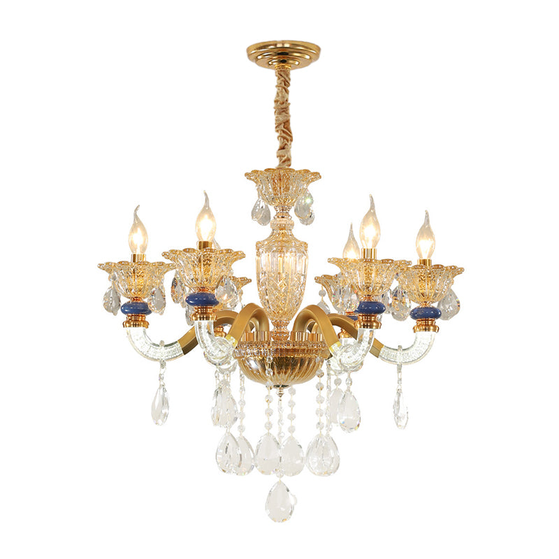 Candelabra Chandelier Light Fixture Traditional Metal 6 Heads Brass Suspension Pendant with Dangling Amber Crystal Accent