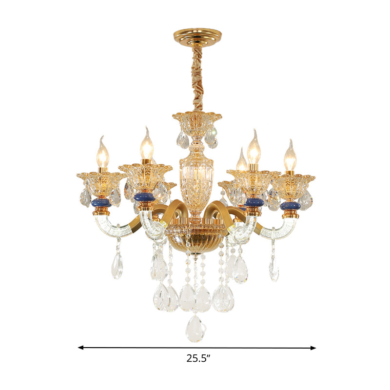 Candelabra Chandelier Light Fixture Traditional Metal 6 Heads Brass Suspension Pendant with Dangling Amber Crystal Accent