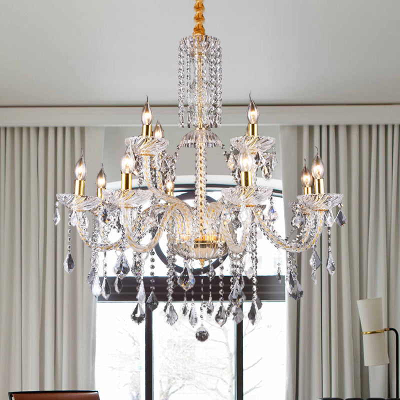 Curved Arm Chandelier Lamp Modern Beveled Crystal 10 Bulbs Living Room Drop Pendant in Brass