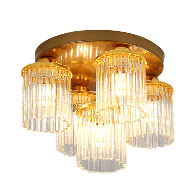 Cylinder Crystal Rod Ceiling Light Fixture Postmodern 5/10/12 Heads Brass Semi Flush Mount Lamp