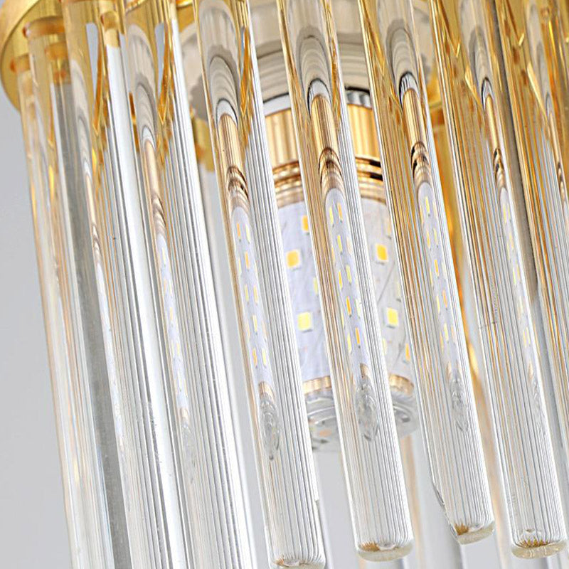 Cylinder Crystal Rod Ceiling Light Fixture Postmodern 5/10/12 Heads Brass Semi Flush Mount Lamp