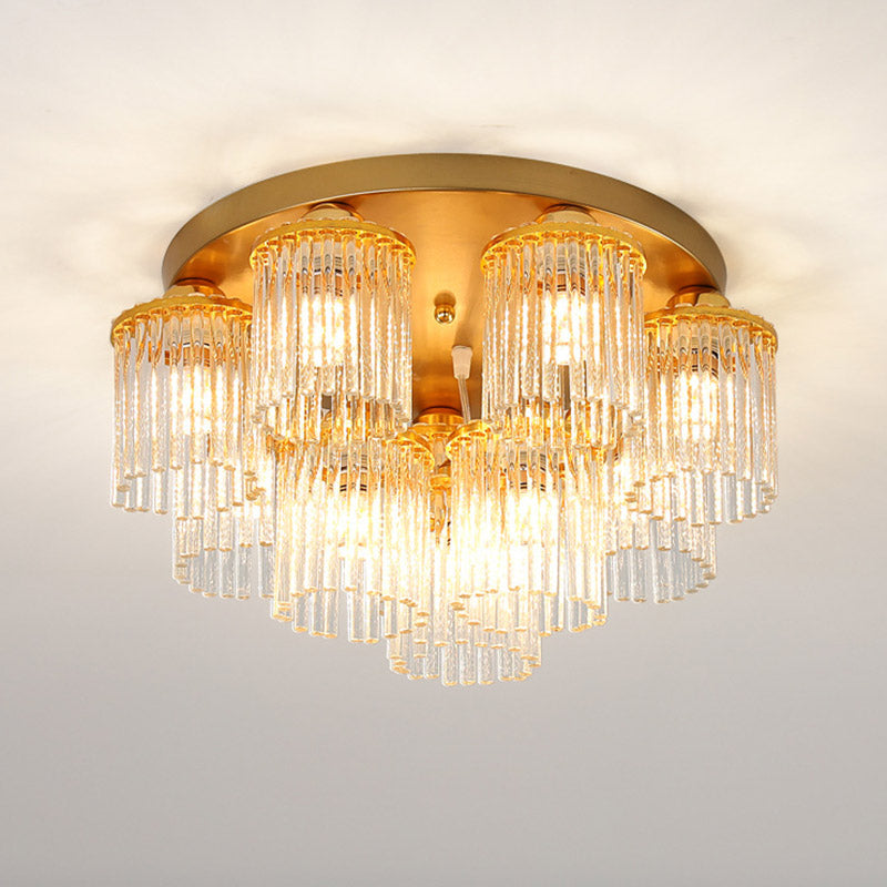 Cylinder Crystal Rod Ceiling Light Fixture Postmodern 5/10/12 Heads Brass Semi Flush Mount Lamp