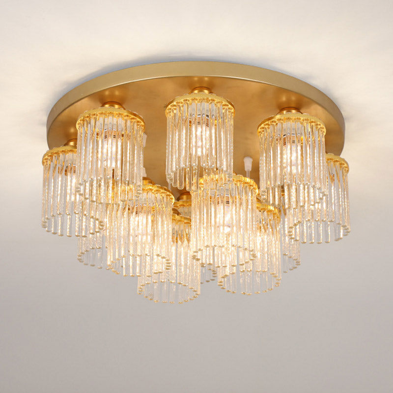 Cylinder Crystal Rod Ceiling Light Fixture Postmodern 5/10/12 Heads Brass Semi Flush Mount Lamp