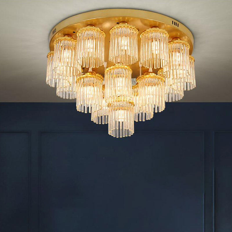 Cylinder Crystal Rod Ceiling Light Fixture Postmodern 5/10/12 Heads Brass Semi Flush Mount Lamp