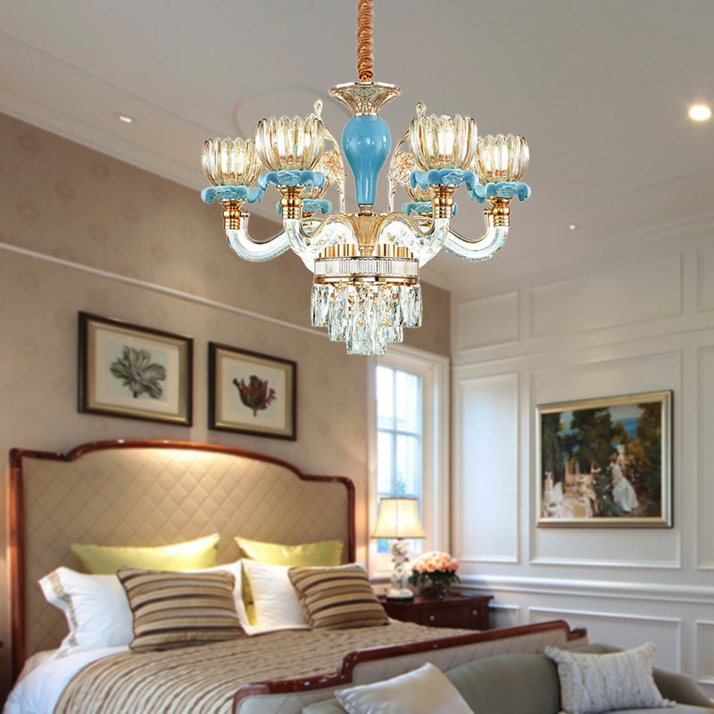 Fleur bleue suspendue au plafond modernisme 6/8/12 têtes 21,5 "/31,5" / 39 "de largeur en verre ambre de large éclairage