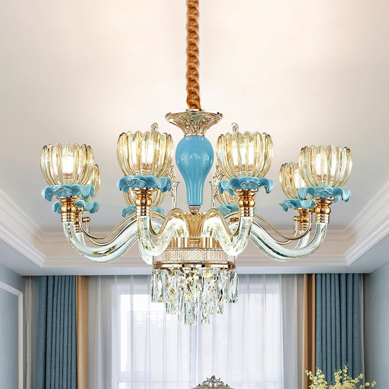 Fleur bleue suspendue au plafond modernisme 6/8/12 têtes 21,5 "/31,5" / 39 "de largeur en verre ambre de large éclairage