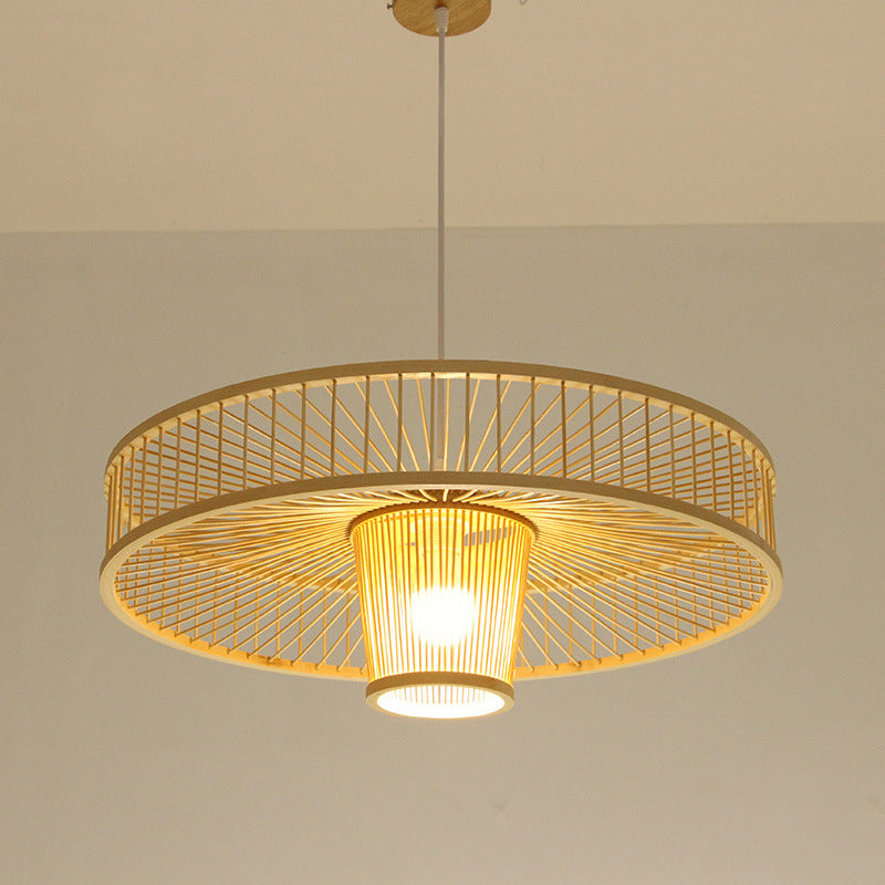 Asian Style Bamboo Weaving Suspension Light Single Bulb Creative Hanging Lighting Fixture in Beige
