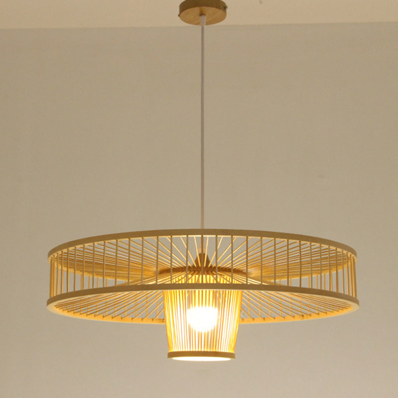 Asian Style Bamboo Weaving Suspension Light Single Bulb Creative Hanging Lighting Fixture in Beige