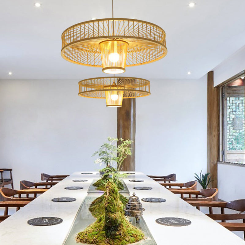 Asian Style Bamboo Weaving Suspension Light Single Bulb Creative Hanging Lighting Fixture in Beige