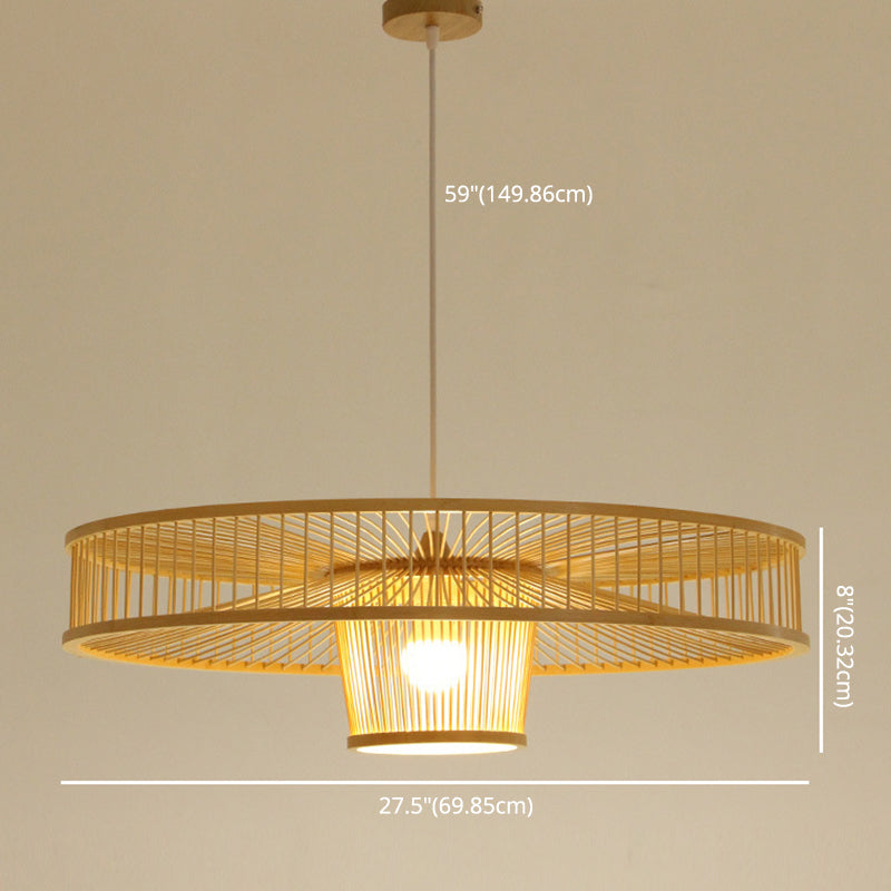 Asian Style Bamboo Weaving Suspension Light Single Bulb Creative Hanging Lighting Fixture in Beige