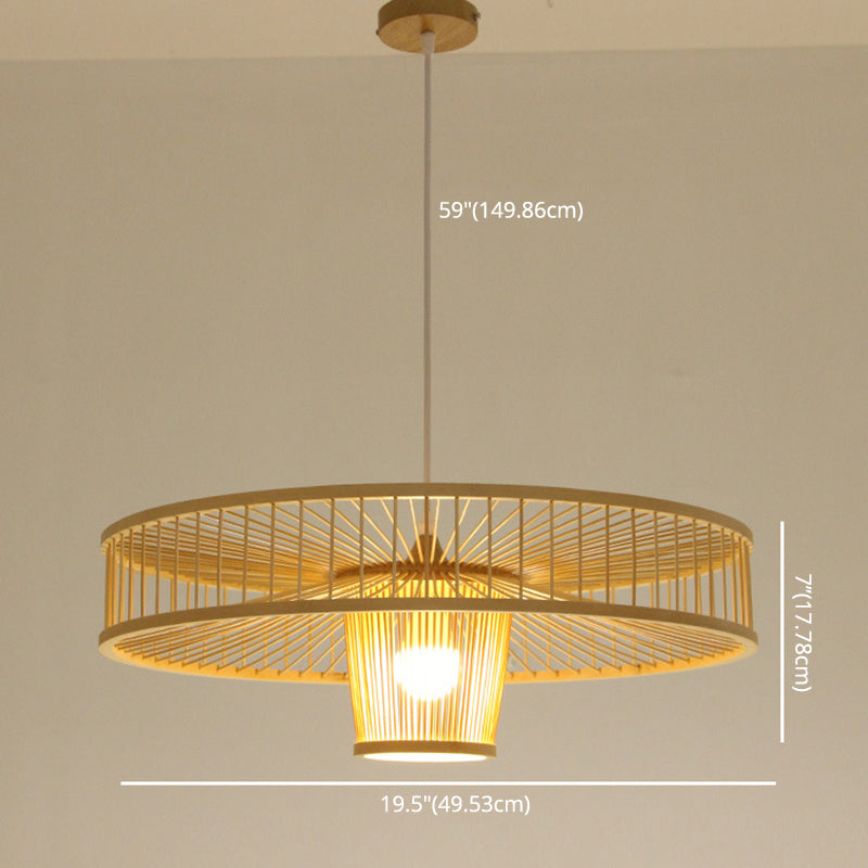 Asian Style Bamboo Weaving Suspension Light Single Bulb Creative Hanging Lighting Fixture in Beige