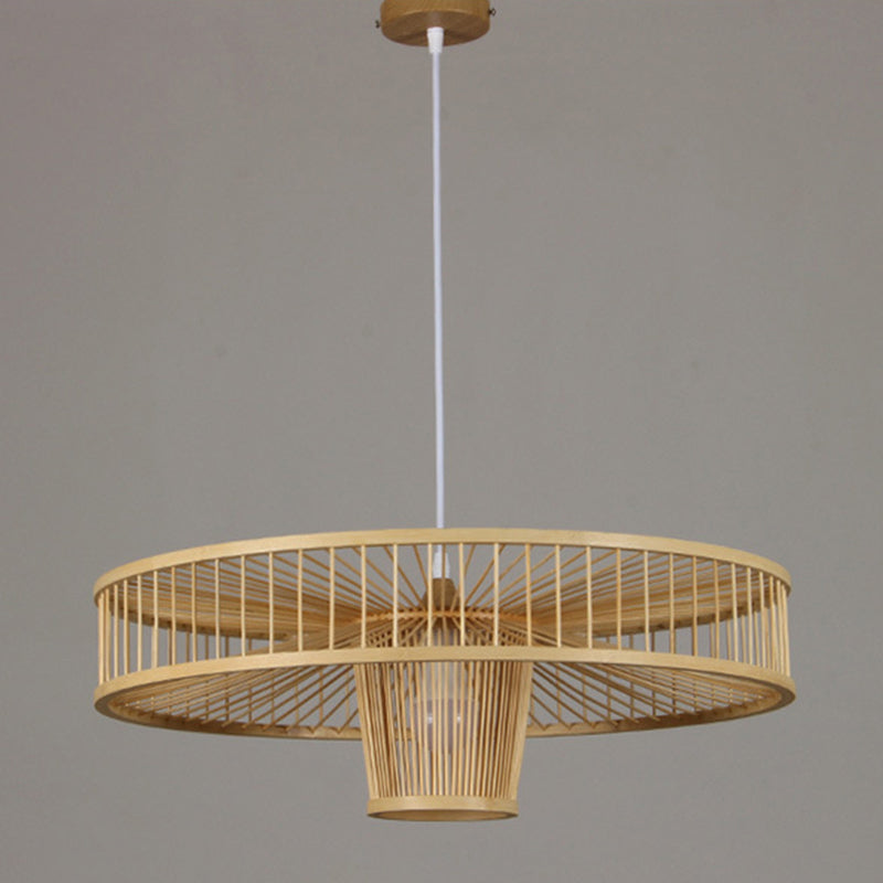 Asian Style Bamboo Weaving Suspension Light Single Bulb Creative Hanging Lighting Fixture in Beige