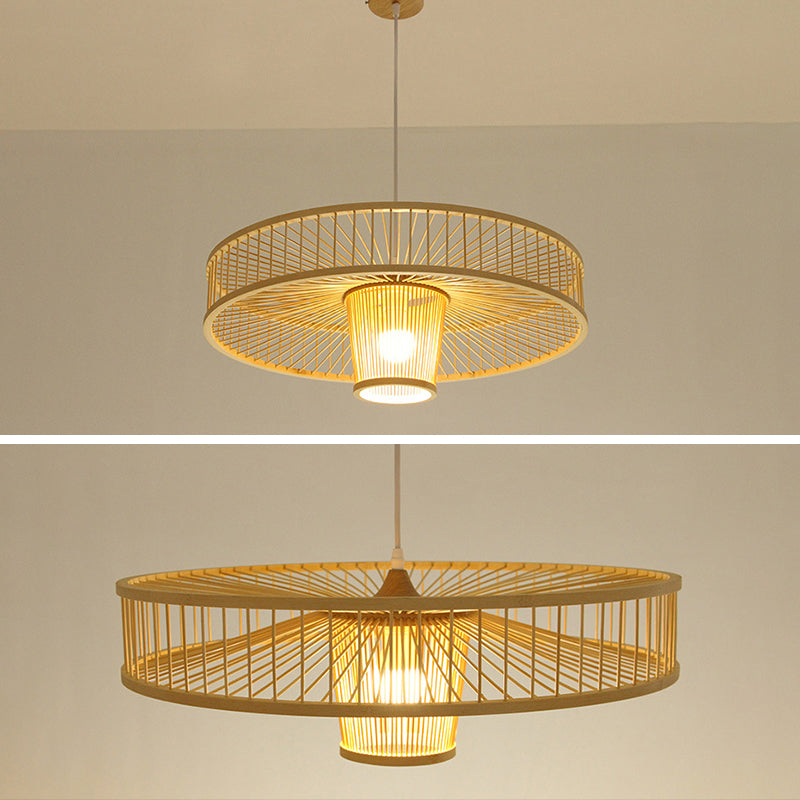 Asian Style Bamboo Weaving Suspension Light Single Bulb Creative Hanging Lighting Fixture in Beige