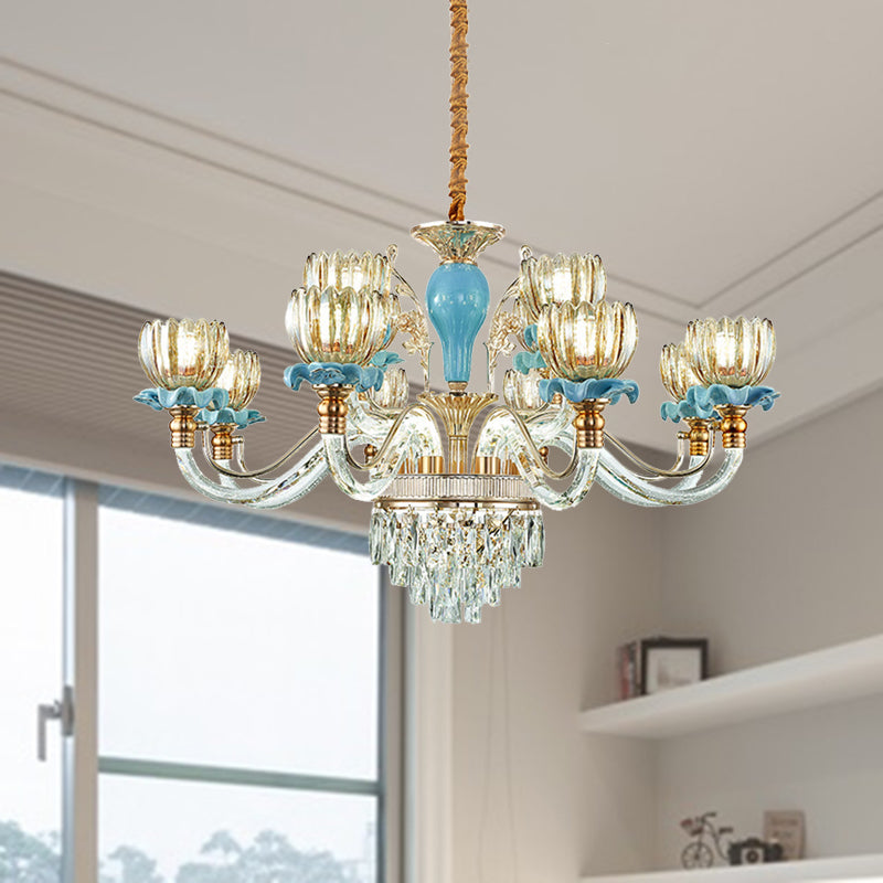 Fleur bleue suspendue au plafond modernisme 6/8/12 têtes 21,5 "/31,5" / 39 "de largeur en verre ambre de large éclairage