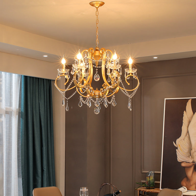Candle Dining Room Pendant Ceiling Light Crystal Drop 6 Heads Postmodern Chandelier Lamp in Brass
