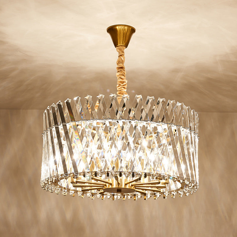 Tri-Sided Crystal Rod Drum Ceiling Light Contemporary 10 Heads Chandelier Light Fixture