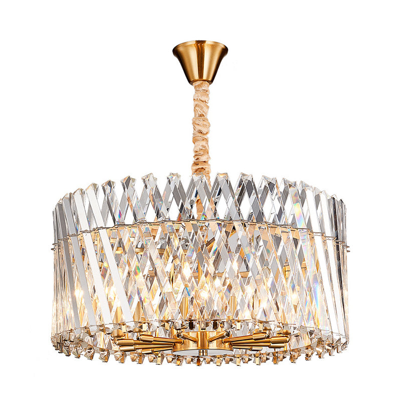 Tri-Sided Crystal Rod Drum Ceiling Light Contemporary 10 Heads Chandelier Light Fixture