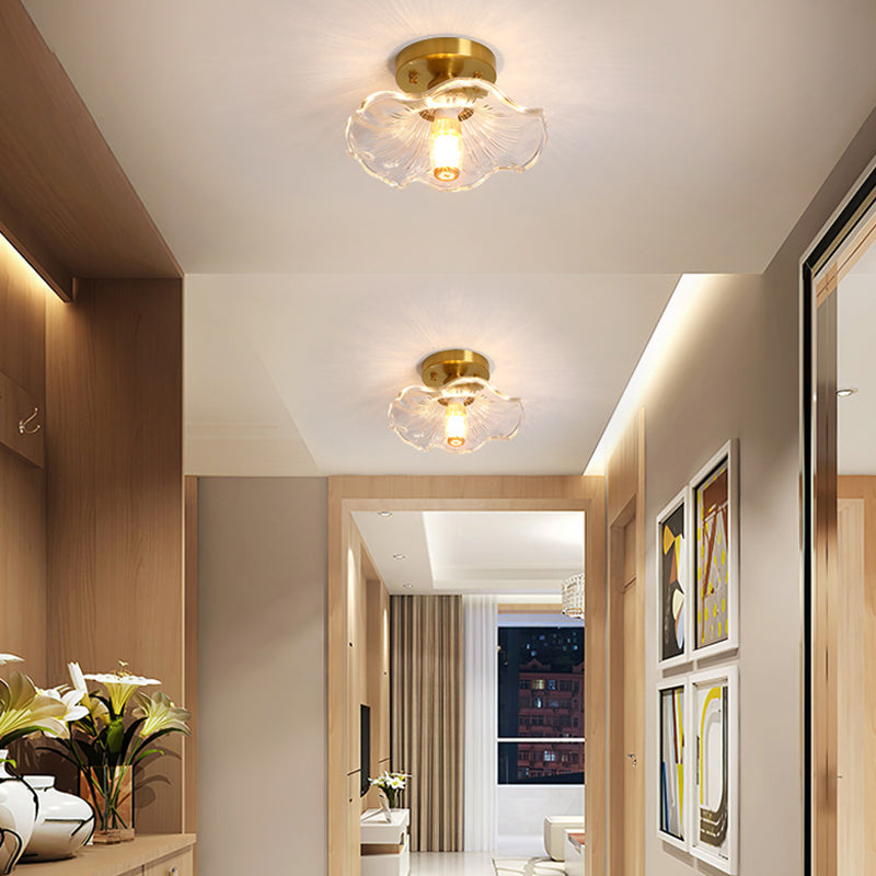 Small Foyer Ceiling Mounted Lamp Textured Glass 1-Bulb Minimalist Semi Flush Light in Brass