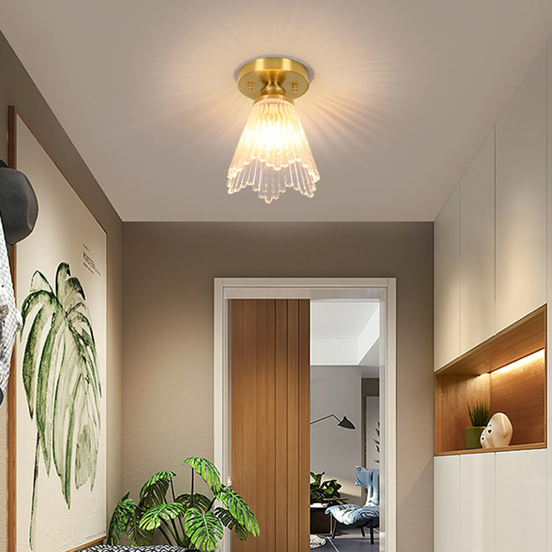 Small Foyer Ceiling Mounted Lamp Textured Glass 1-Bulb Minimalist Semi Flush Light in Brass